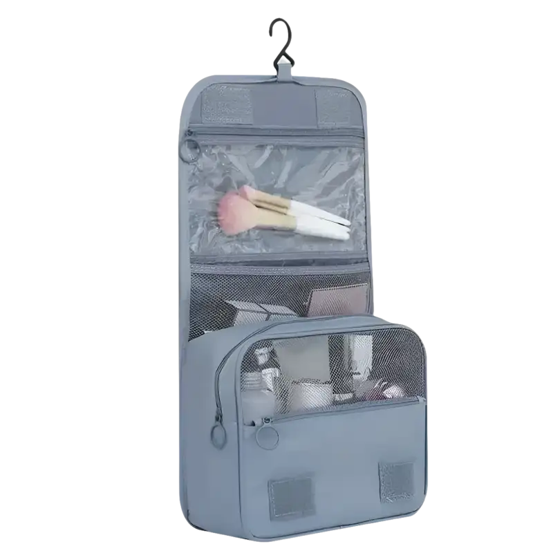 Gray hanging toiletry bag.