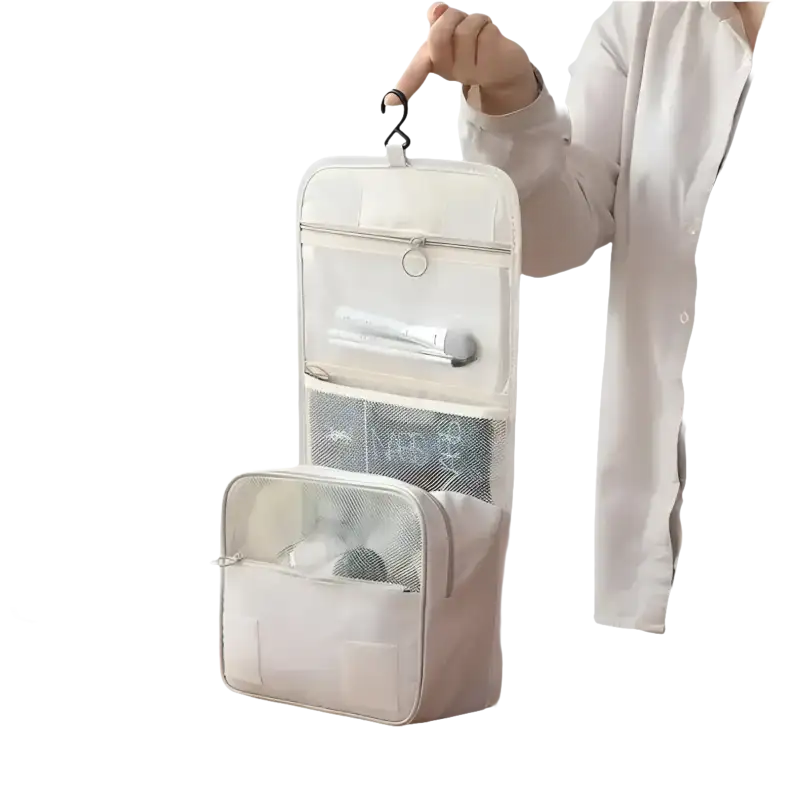 Hanging, multi-compartment toiletry bag.