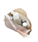 Open beige toiletry bag.