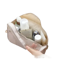 Open beige toiletry bag.