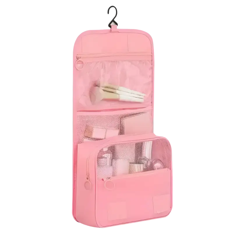 Pink hanging toiletry bag.