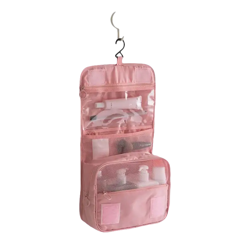 Pink hanging toiletry bag.