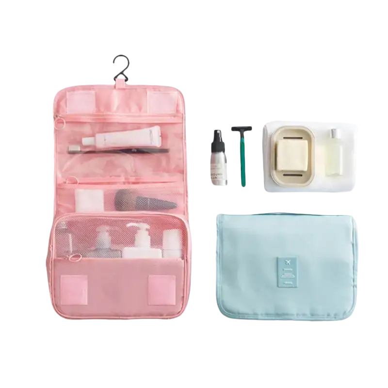 Travel toiletry bags and toiletries.