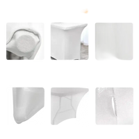 Tablecloth comparison showing Wacky Black Spandex Table stretchfit cover for black spandex tables