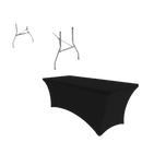 Folding black spandex table with trendy stretchfit table cover and dimensions shown