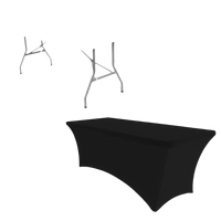 Folding black spandex table with trendy stretchfit table cover and dimensions shown