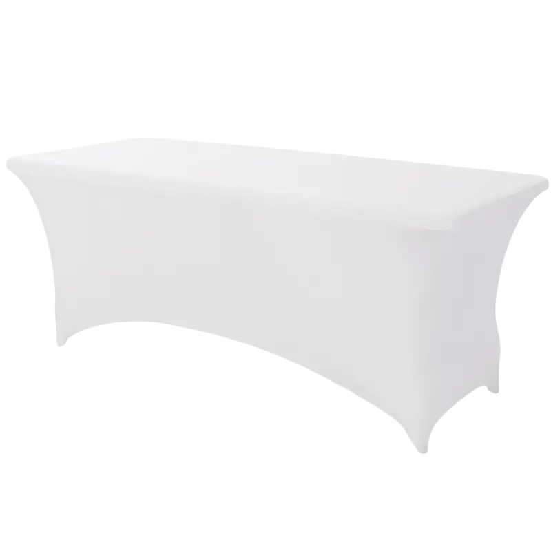 White stretchfit table cover on black spandex table for that trendy party vibe
