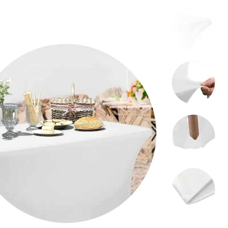 White stretchfit table cover on black spandex table for Fiesta 2pack 6ft spandex setup