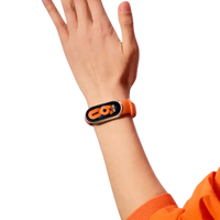 Orange smart band on wrist.