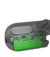 Transparent device with green battery and circuit board.