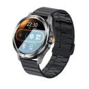 Black smart watch with metal band.