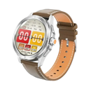Silver smartwatch with brown leather band.