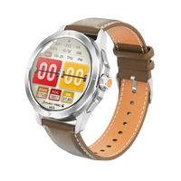 Silver smartwatch with brown leather band.
