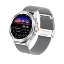 Silver smartwatch with mesh band.