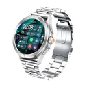 Silver smartwatch with metal band.