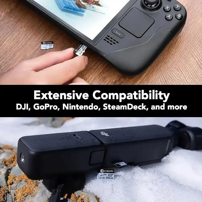 Black handheld gaming console and camera.