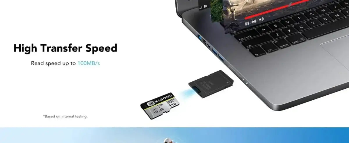 MicroSD card and reader next to a laptop.