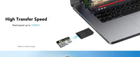 MicroSD card and reader next to a laptop.