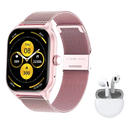 Rose gold smartwatch with mesh band and wireless earbuds.