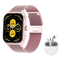 Rose gold smartwatch with mesh band and wireless earbuds.