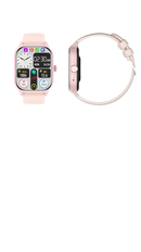 Pink smartwatch with specifications.