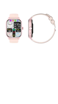 Pink smartwatch with specifications.