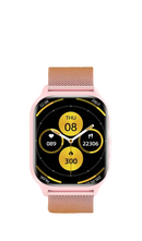 Pink smartwatch with gold band.