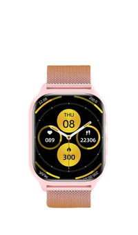 Pink smartwatch with gold band.