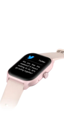 Pink smartwatch with Twitter notification.