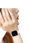 Pink smartwatch on wrist.