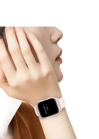 Pink smartwatch on wrist.