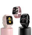 Three smartwatches with different colored bands.