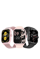 Three smartwatches with different colored bands and display faces.