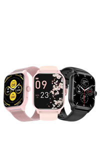 Three smartwatches with different colored bands and display faces.