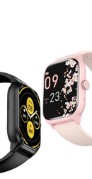Two smartwatches with different colored bands.