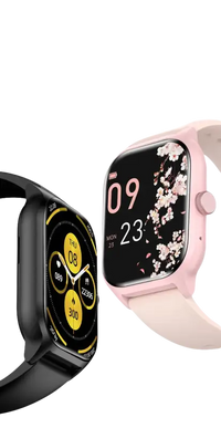 Two smartwatches with different colored bands.