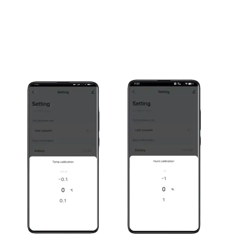 Temperature and humidity calibration settings on smartphones.