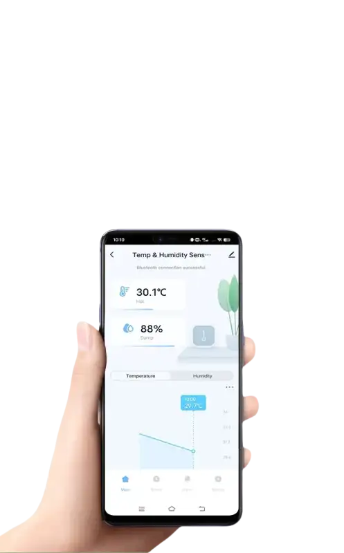 Smartphone displaying temperature and humidity data.