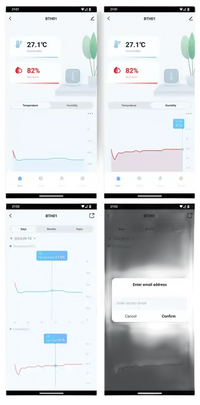 Smartphone app interface displaying temperature and humidity data.