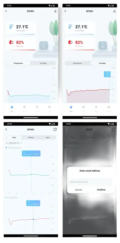 Smartphone app interface displaying temperature and humidity data.