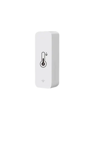 White temperature and humidity sensor with product parameters.