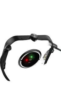 Black smartwatch with heart rate monitoring.