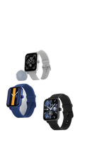 Four square smartwatches with different colored bands.