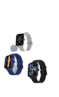 Four square smartwatches with different colored bands.