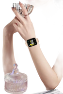 Square-faced smartwatch with light-colored band.