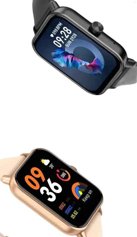 Two smartwatches with different display interfaces.