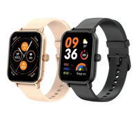 Two square-faced smartwatches with different colored bands.