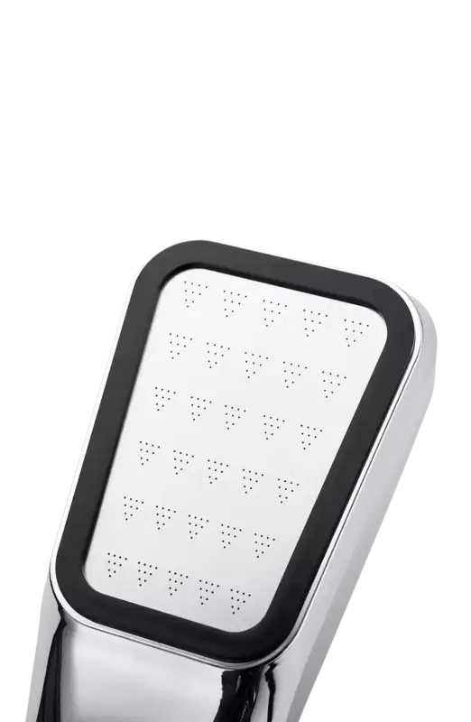 Chrome shower head with laser-drilled holes.