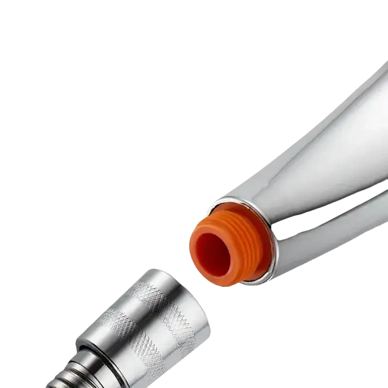 Chrome shower head and hose connection.