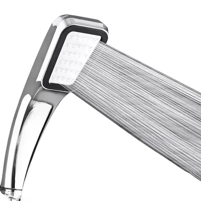 Chrome shower head with water flowing.